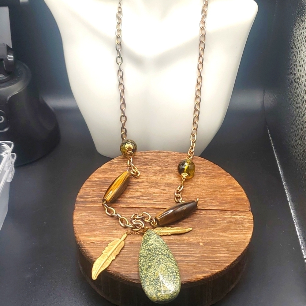 N2809 bohemian precious stone feather‎ necklace
